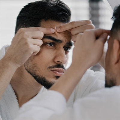 A man looking into his mirror, inspecting his Acne.