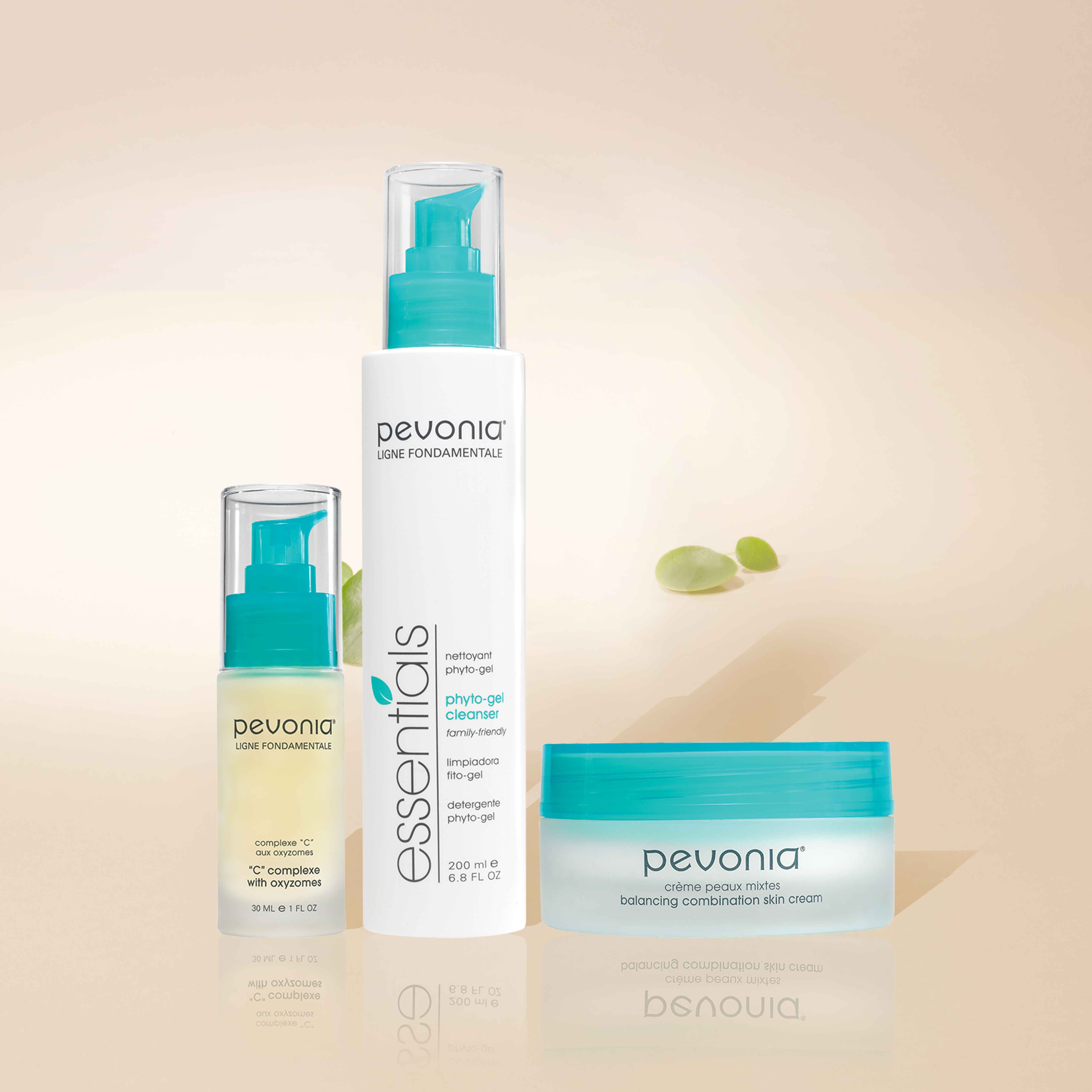 Pevonia Combination Skin products with leaves and shadows.