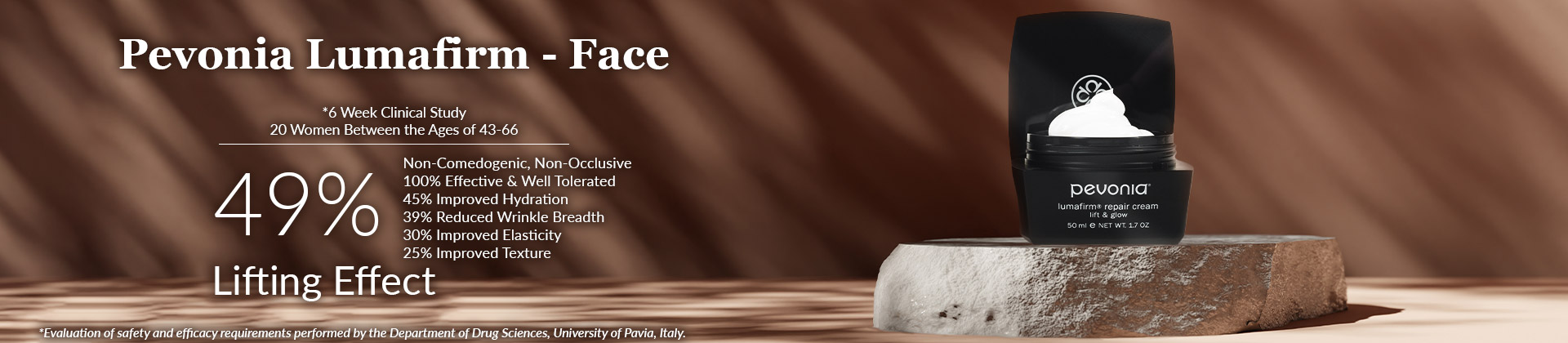 Banner detailing efficacy statistics for Pevonia's Lumafirm Face products.